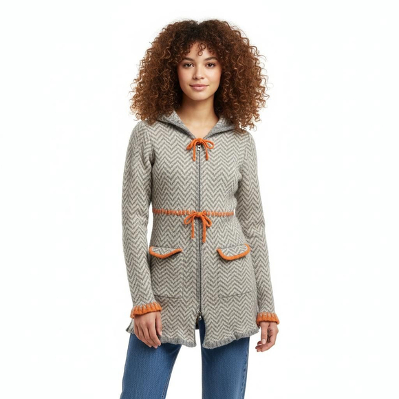 Sparrow Sweaters - Sparrow Grey and Orange Wool Blend Zip Up Hoodie - Small